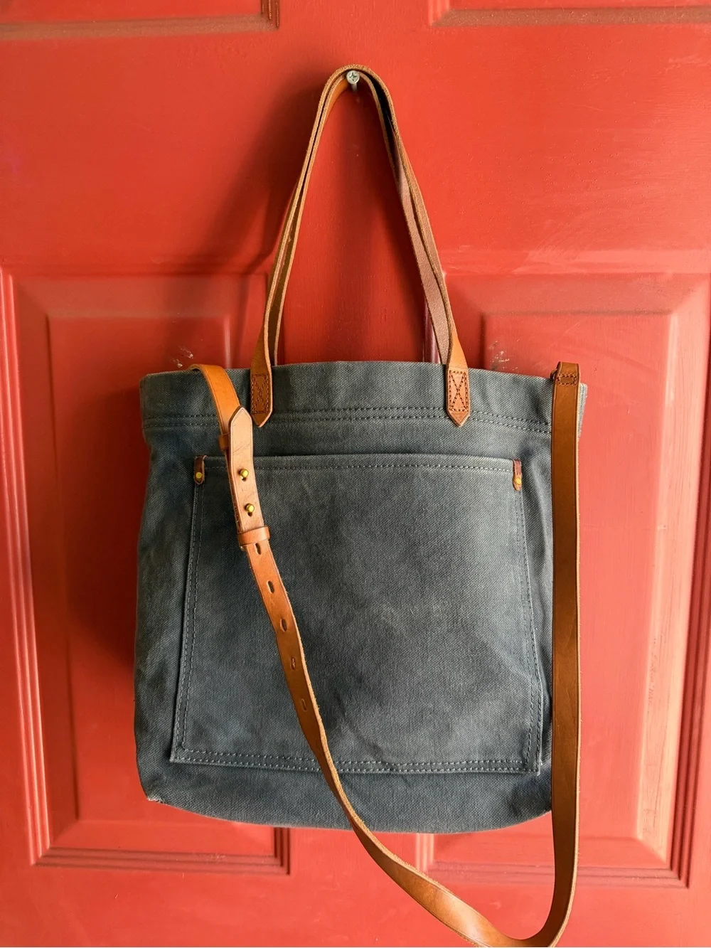 Madewell Slate Blue Canvas Messenger with Brown Leather Straps